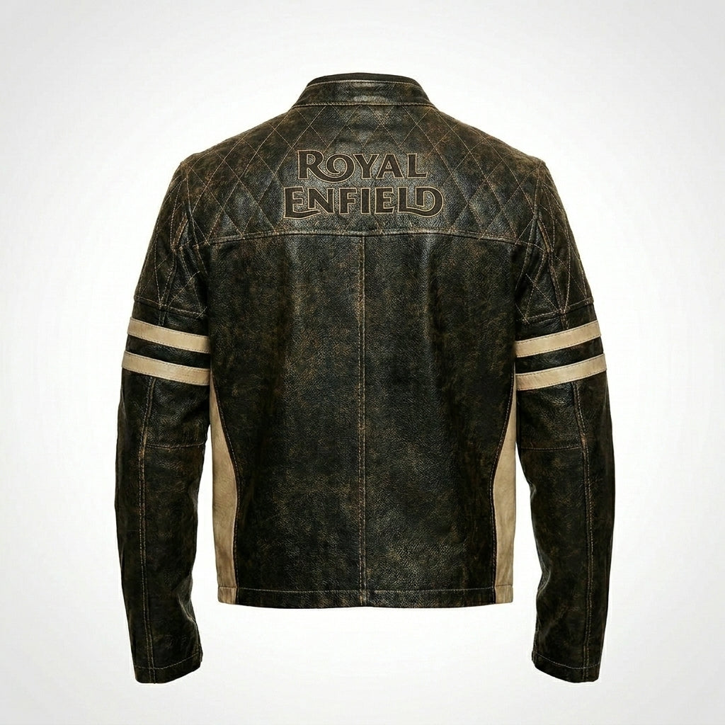 Men’s Distressed Brown Cafe Racer Leather Jacket – Royal Enfield Inspired Biker Coat