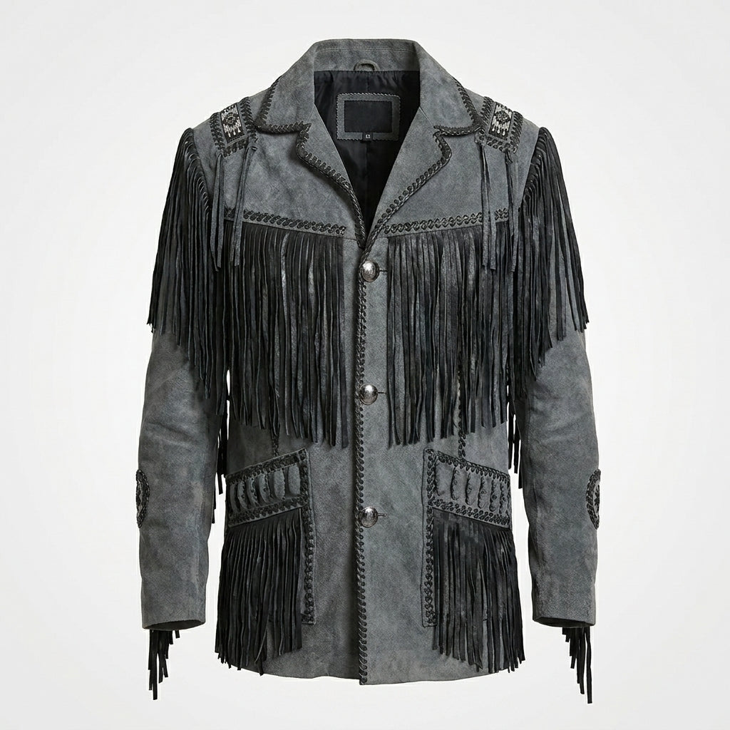 Men’s Western Cowboy Jacket – Black Fringe Suede Leather Coat