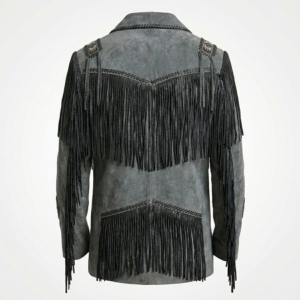 Men’s Western Cowboy Jacket – Black Fringe Suede Leather Coat