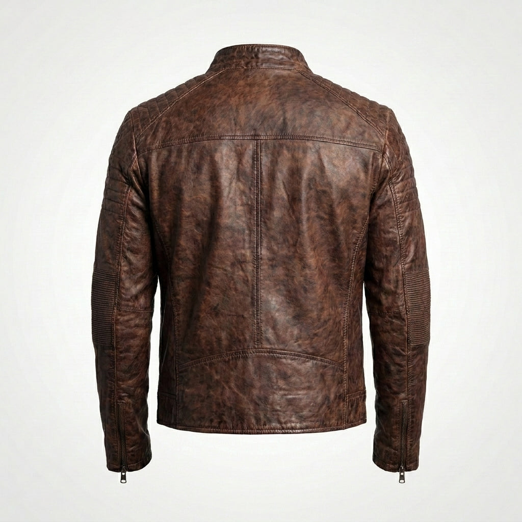 Men’s Coffee Brown Distressed Sheepskin Cafe Racer Leather Jacket