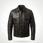 Men’s Dark Brown Leather Trucker Jacket – Contrast Stitch Snap Button Coat