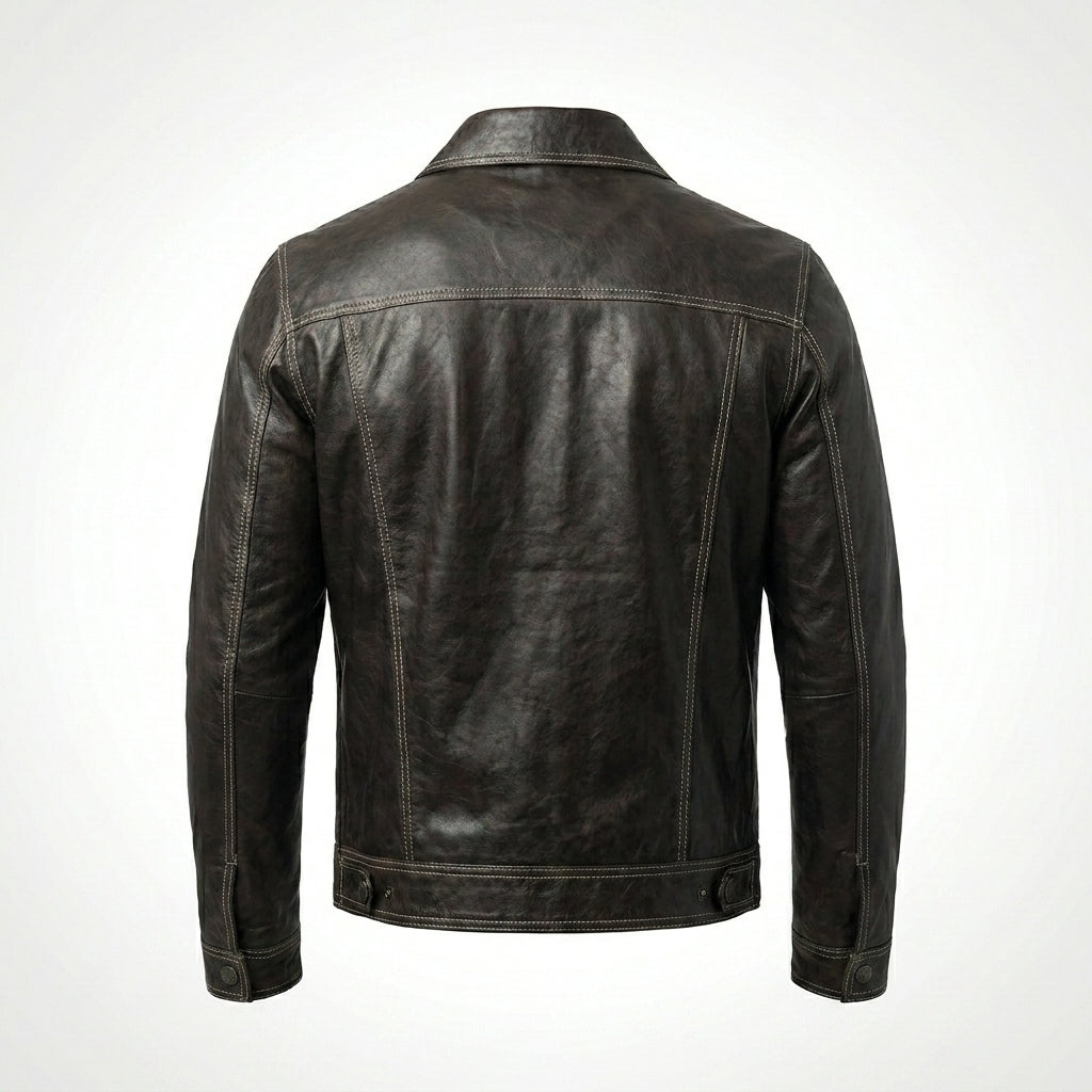 Men’s Dark Brown Leather Trucker Jacket – Contrast Stitch Snap Button Coat