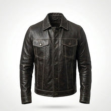 Load image into Gallery viewer, Men’s Dark Brown Leather Trucker Jacket – Contrast Stitch Snap Button Coat
