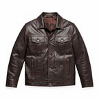 Men’s Dark Brown Leather Trucker Jacket – Contrast Stitch Snap Button Shirt Jacket