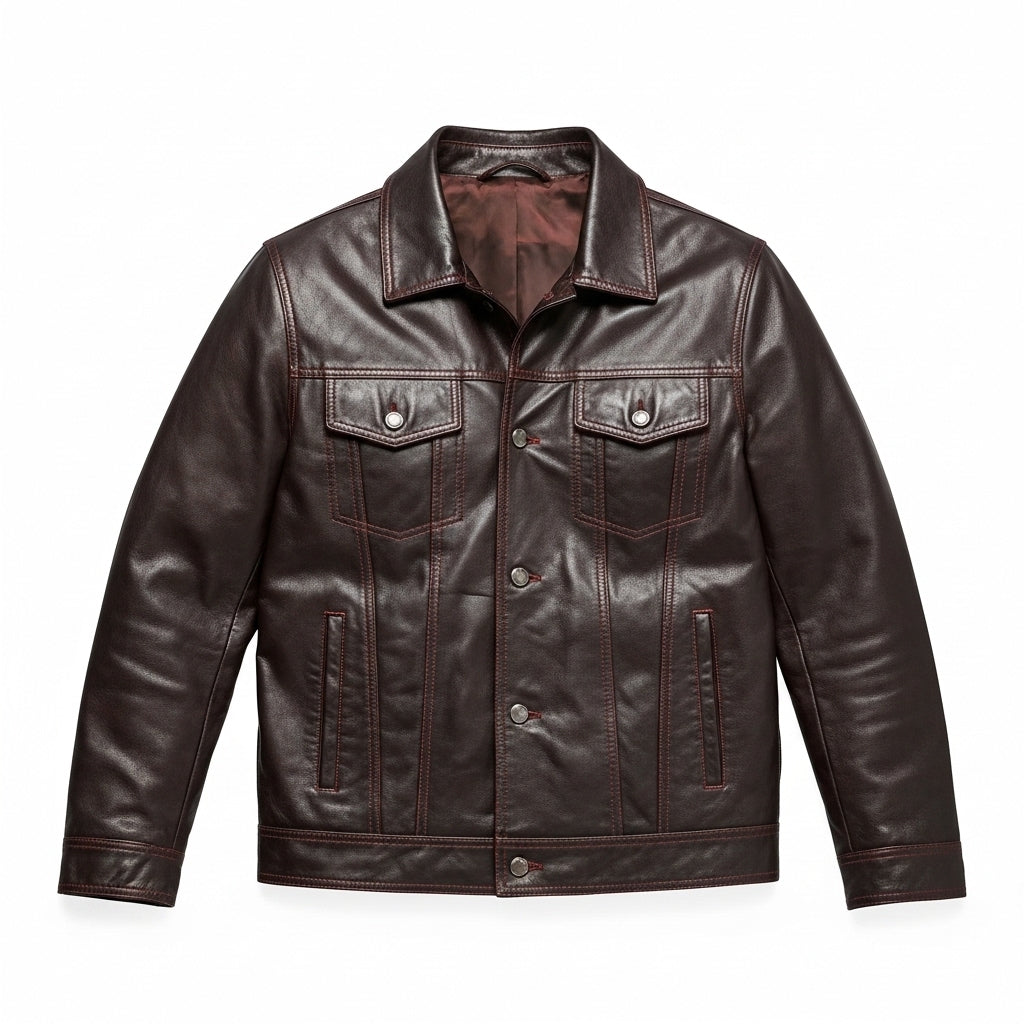 Men’s Dark Brown Leather Trucker Jacket – Contrast Stitch Snap Button Shirt Jacket