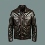 Men’s Brown Nappa Leather Bomber Jacket – Burgundy Piping Aviator Coat