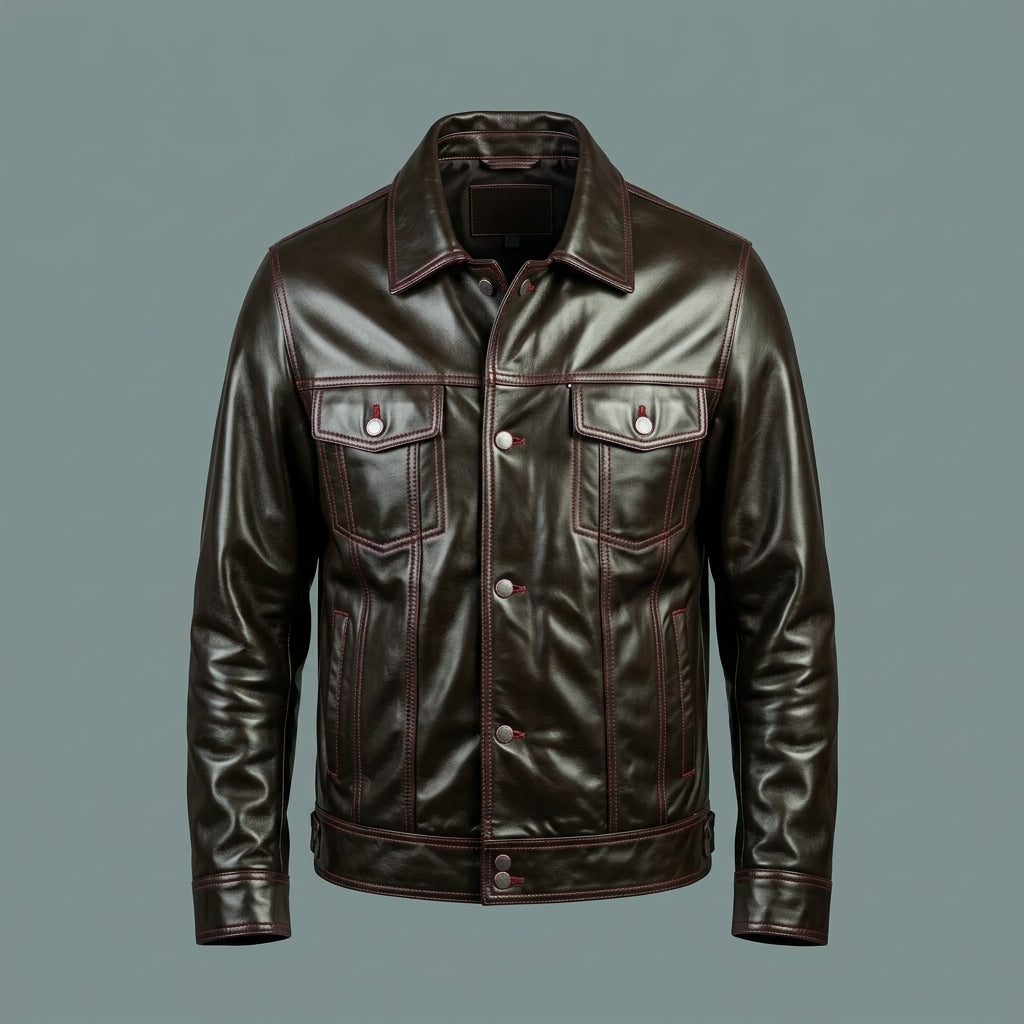 Men’s Brown Nappa Leather Bomber Jacket – Burgundy Piping Aviator Coat