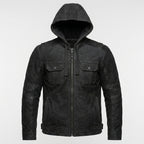 Men’s Matte Black Leather Biker Jacket – Removable Hood Moto Coat