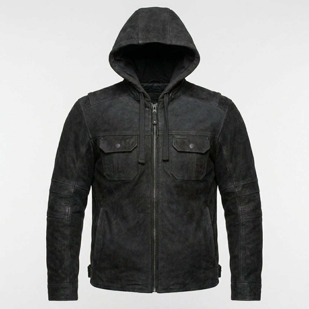 Men’s Matte Black Leather Biker Jacket – Removable Hood Moto Coat