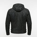 Men’s Matte Black Leather Biker Jacket – Removable Hood Moto Coat