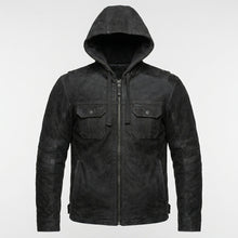 Load image into Gallery viewer, Men’s Matte Black Leather Biker Jacket – Removable Hood Moto Coat
