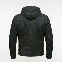 Load image into Gallery viewer, Men’s Matte Black Leather Biker Jacket – Removable Hood Moto Coat
