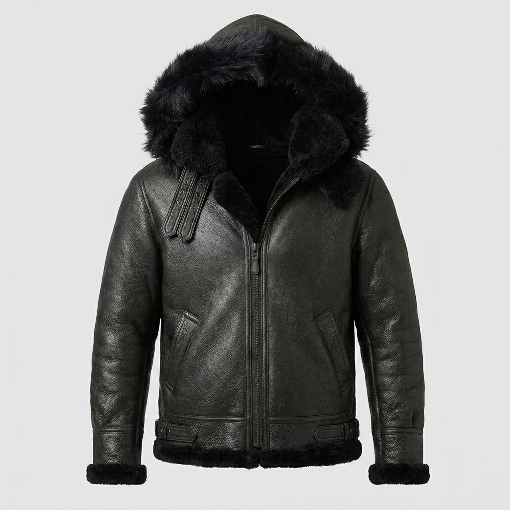 Men’s All Black B-3 Hooded Sheepskin Bomber Jacket – Detachable Shearling Hood