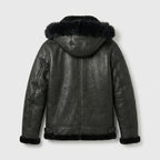 Men’s All Black B-3 Hooded Sheepskin Bomber Jacket – Detachable Shearling Hood