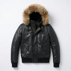 Men’s Black Leather Bomber Jacket – Removable Fur Hood Winter Coat