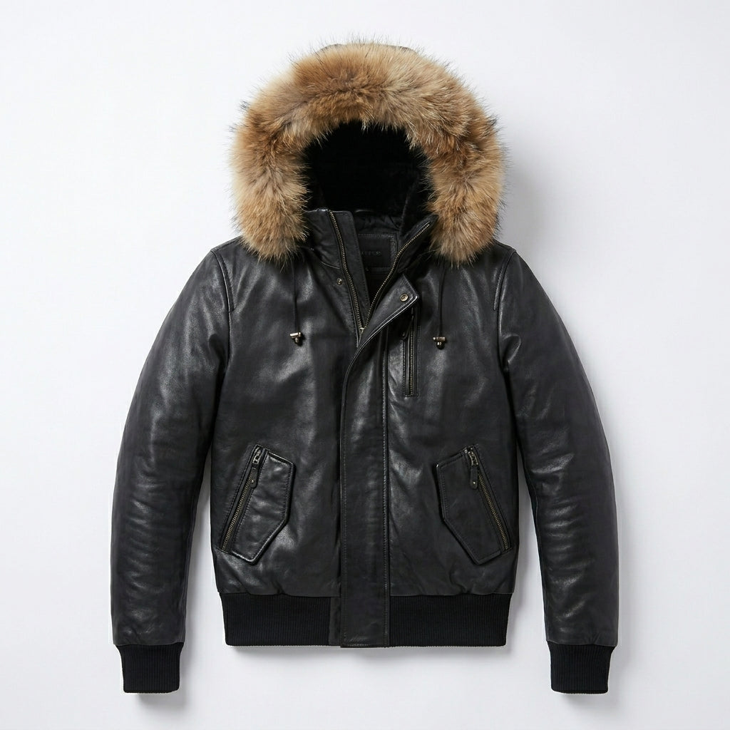 Men’s Black Leather Bomber Jacket – Removable Fur Hood Winter Coat
