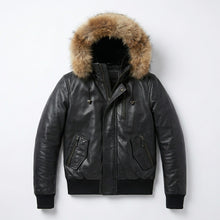 Load image into Gallery viewer, Men’s Black Leather Bomber Jacket – Removable Fur Hood Winter Coat
