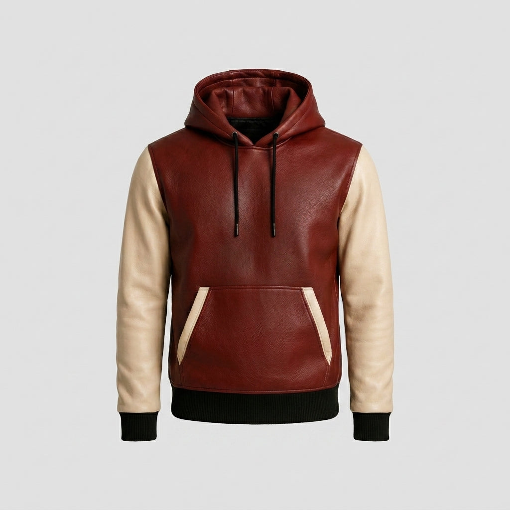 This burgundy and white leather hoodie is available from retailers like Etsy and Jackets Kingdom, often labeled as a handmade sheepskin or lambskin two-tone jacket.