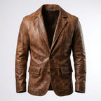 Men’s Distressed Brown Leather Blazer – Classic Two-Button Tailored Jacket