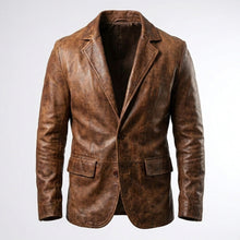 Load image into Gallery viewer, Men’s Distressed Brown Leather Blazer – Classic Two-Button Tailored Jacket
