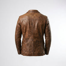 Load image into Gallery viewer, Men’s Distressed Brown Leather Blazer – Classic Two-Button Tailored Jacket
