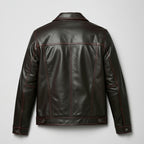 Men’s Dark Brown Leather Trucker Jacket – Contrast Stitch Snap Button Shirt Jacket