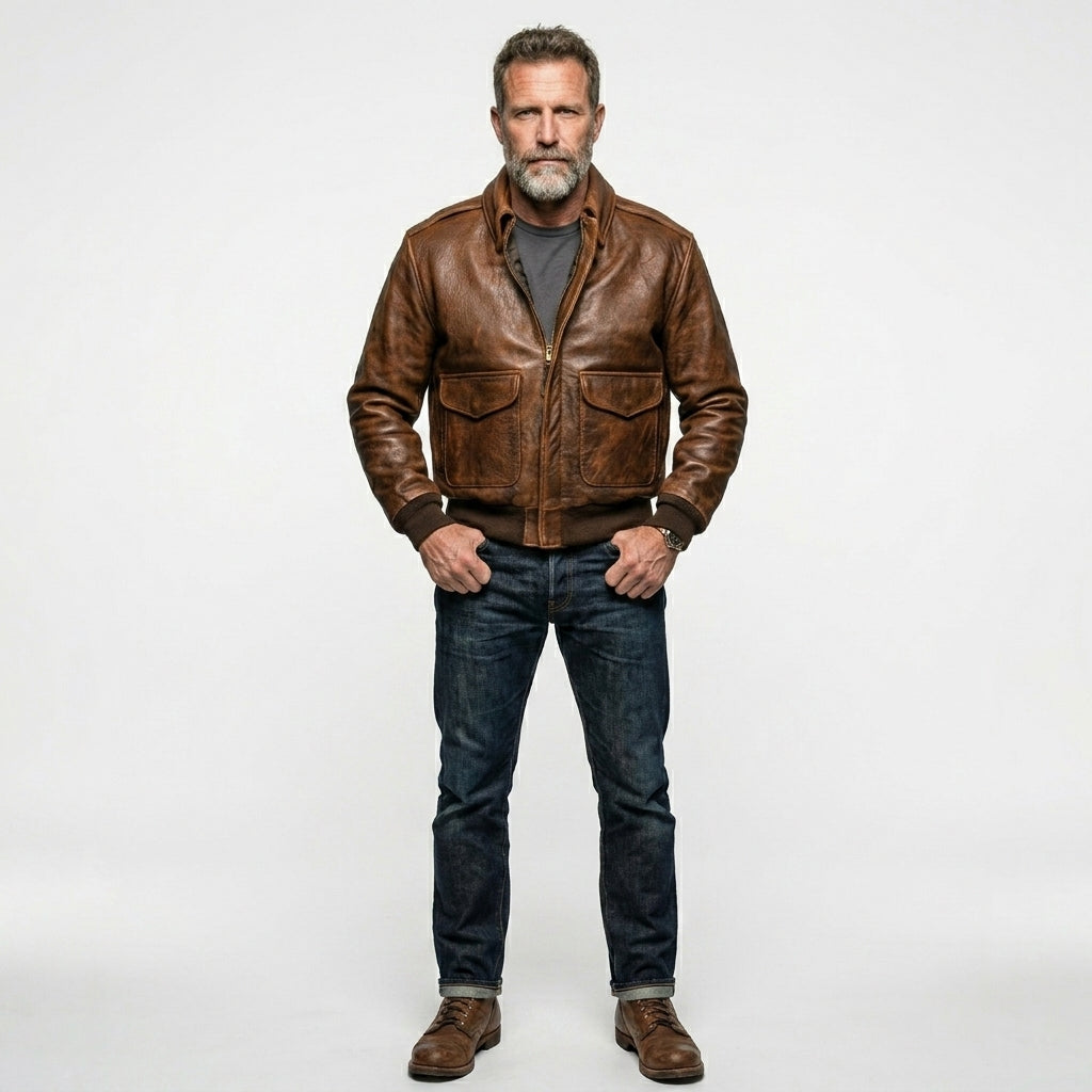 Men’s 100 Mission A-2 Pilot Leather Jacket – Classic Aviation Bomber Coat