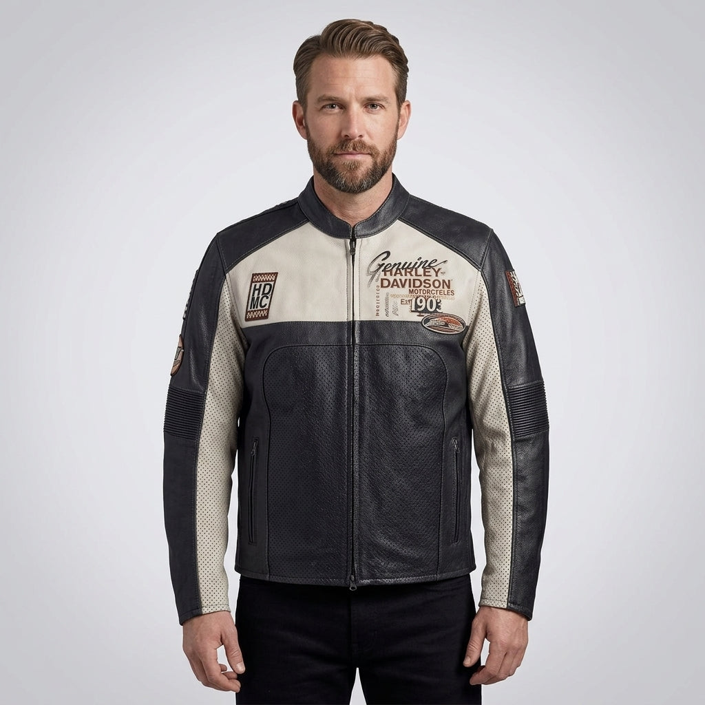 Herren Harley-Stil Echtlederjacke – Sternbestickte Schulter Moto