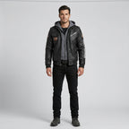 Herren schwarze Kapuzen-Bikerjacke aus Rindsleder – Harley-Stil Moto