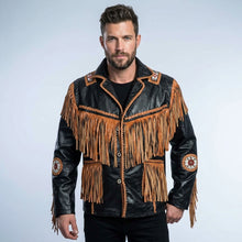 Laden Sie das Bild in den Galerie-Viewer, Men’s Cowboy Cowhide Leather Jacket – Fringe &amp; Beaded Western Coat
