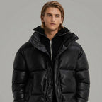 Men’s Black Faux Leather Puffer Jacket – High Neck Winter Coat