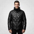 Men’s Black Lambskin Leather Puffer Jacket – Down Insulated Winter Coat