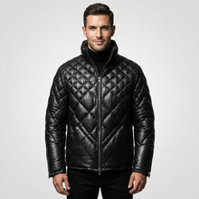 Load image into Gallery viewer, Men’s Black Lambskin Leather Puffer Jacket – Down Insulated Winter Coat
