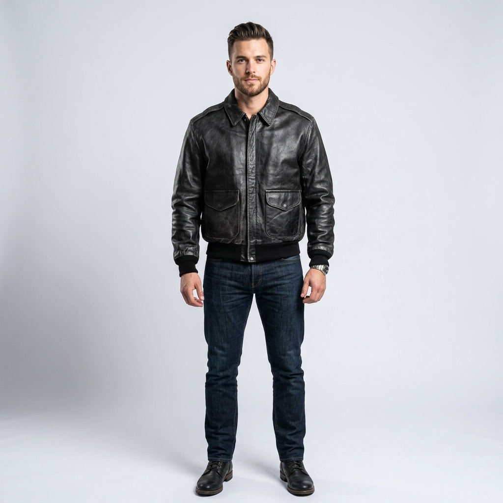 Men’s Vintage A2 Flight Leather Jacket – 80s Military Aviator Bomber Coat