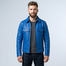 Laden Sie das Bild in den Galerie-Viewer, Men’s Blue Trucker Style Cafe Racer Leather Jacket – Motorcycle Biker Jacket
