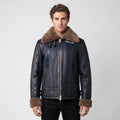 Men’s Blue Sheepskin Shearling Leather Jacket – Premium Winter Aviator Coat