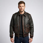 Men’s Brown A2 Aviator Military Pilot Leather Bomber Jacket – Vintage Flight Coat