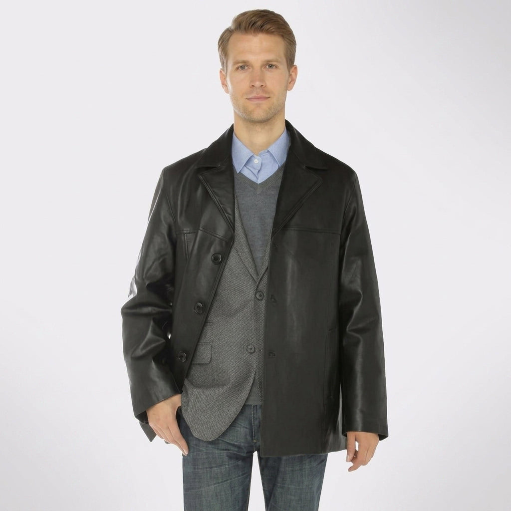 Men’s Black Lambskin Leather Overcoat Blazer Jacket