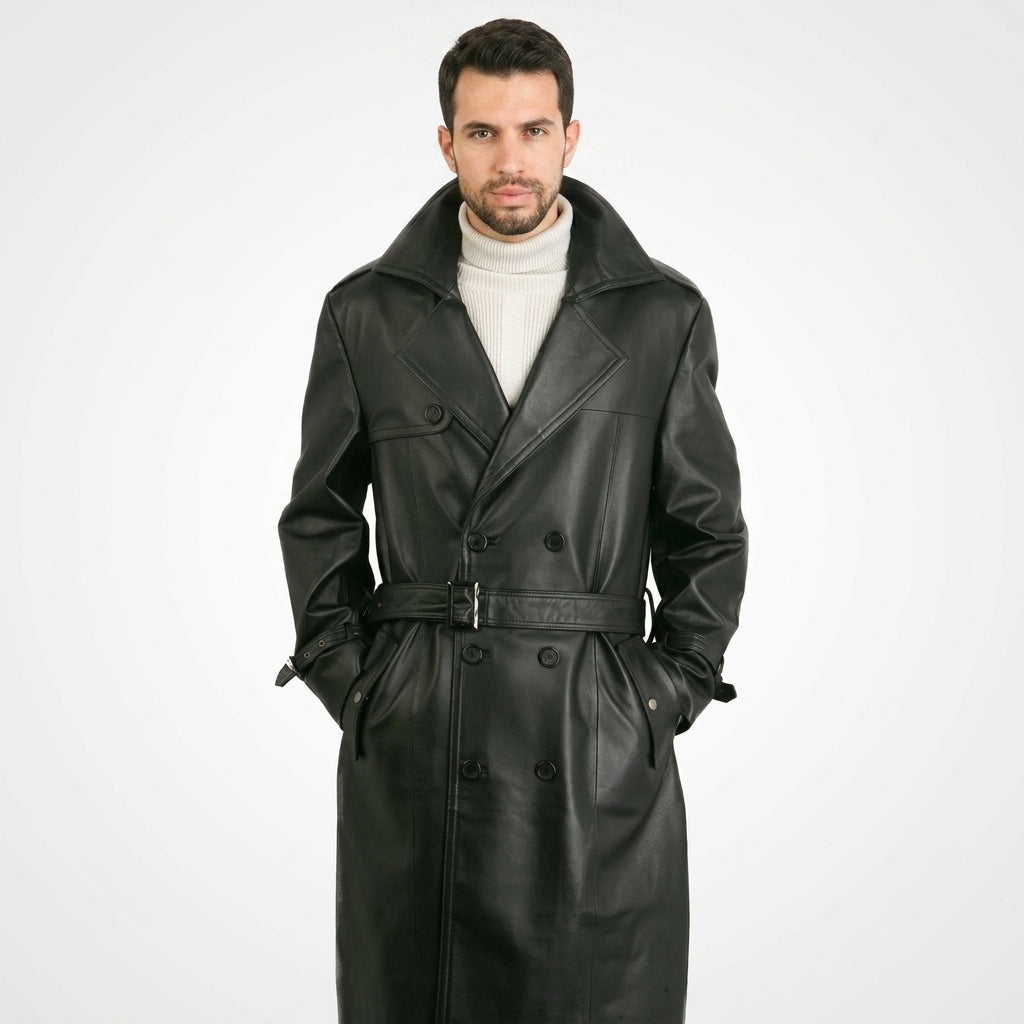 Men’s Genuine Leather Trench Coat – Classic Long Leather Overcoat