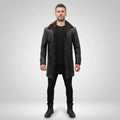 Men’s Shearling Lined Black Leather Trench Coat – Luxury Winter Overcoat