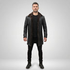 Men’s Shearling Lined Black Leather Trench Coat – Luxury Winter Overcoat