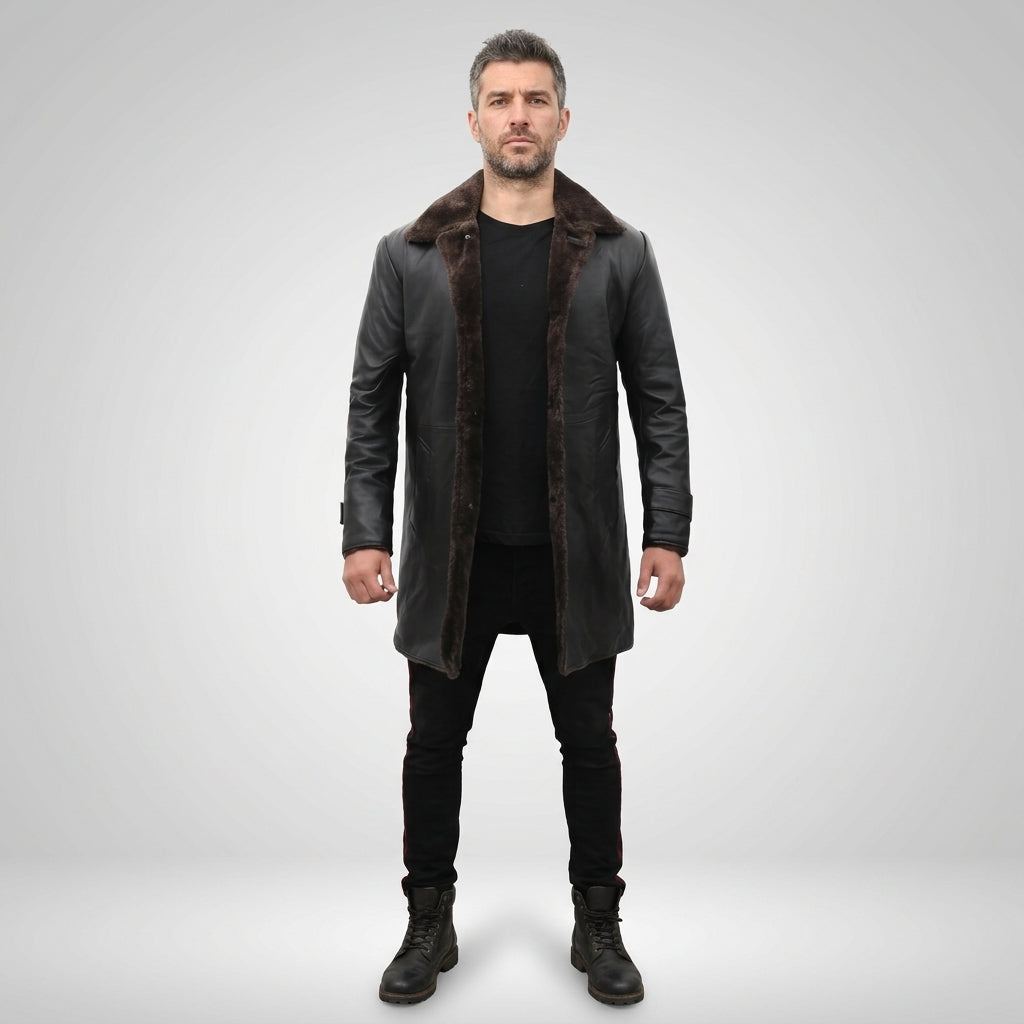 Men’s Shearling Lined Black Leather Trench Coat – Luxury Winter Overcoat