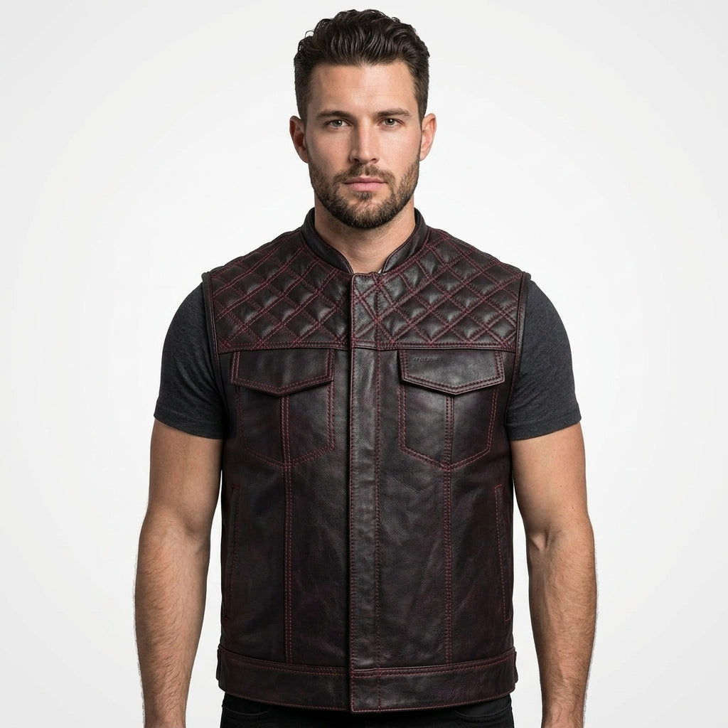 Men’s Leather Motorcycle Vest with Diamond Stitch – Biker Riding Vest