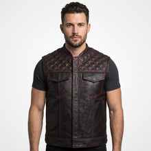 Load image into Gallery viewer, Men’s Leather Motorcycle Vest with Diamond Stitch – Biker Riding Vest
