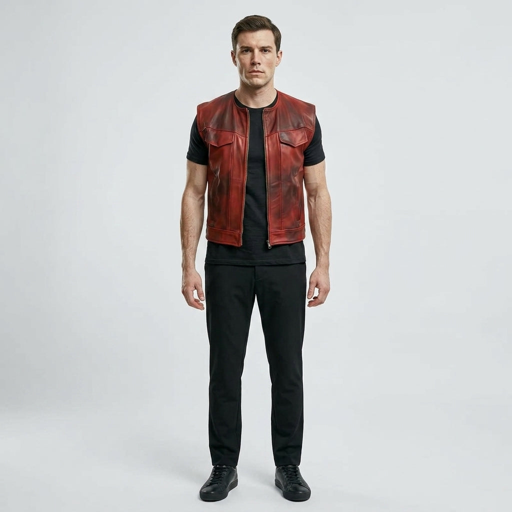 Men’s Vintage Red Leather Biker Vest – Classic Motorcycle Riding Vest