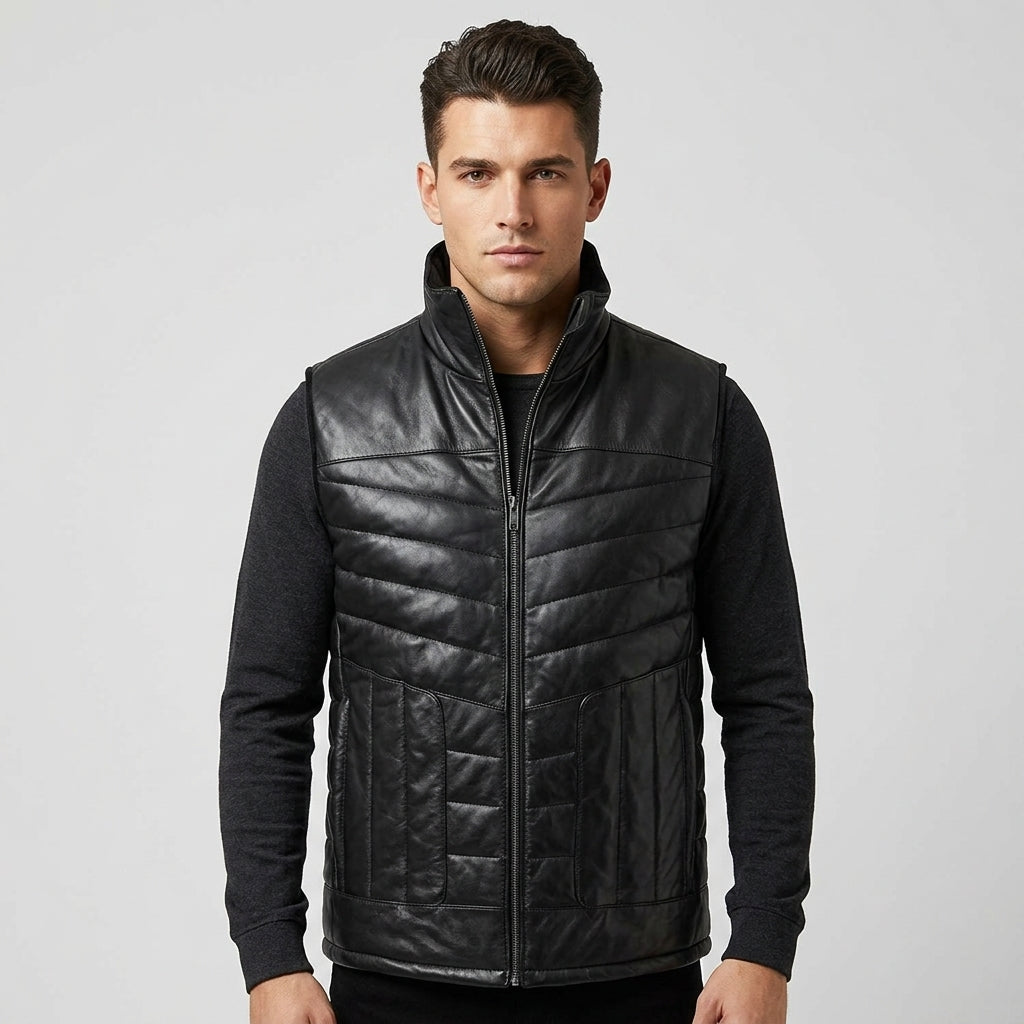 Men’s Black Quilted Leather Puffer Vest – Insulated Biker Vest