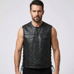 Men’s Black Sheepskin Leather Biker Vest – Premium Motorcycle Vest