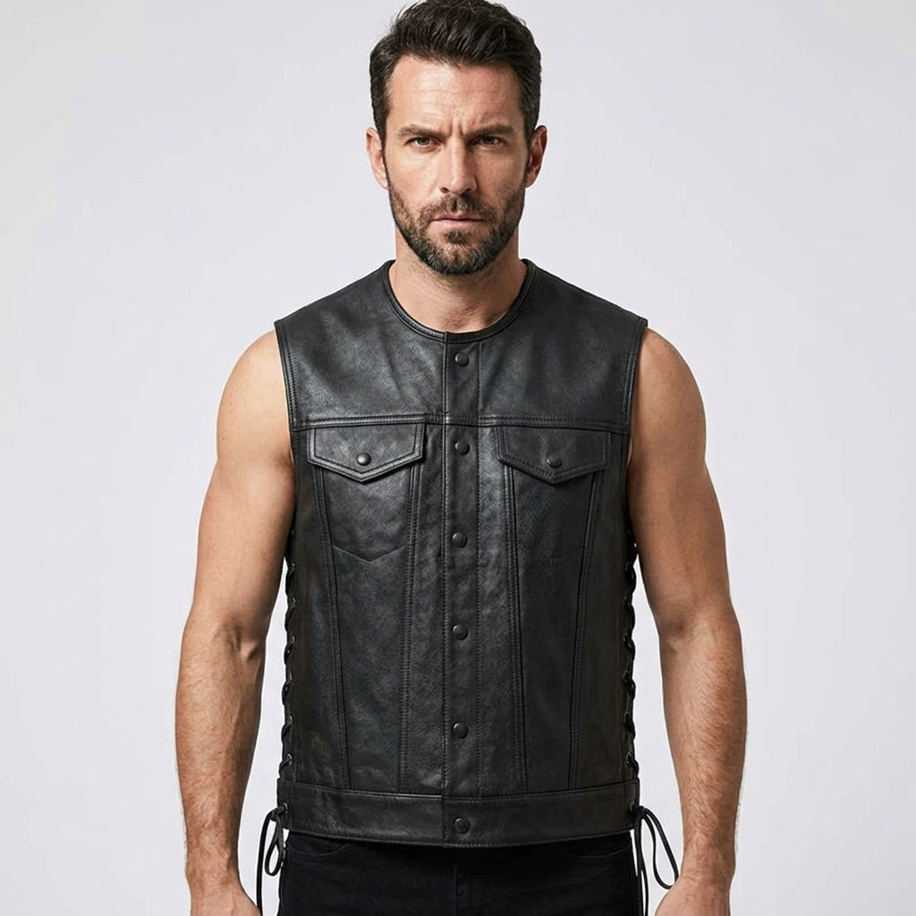 Men’s Black Sheepskin Leather Biker Vest – Premium Motorcycle Vest