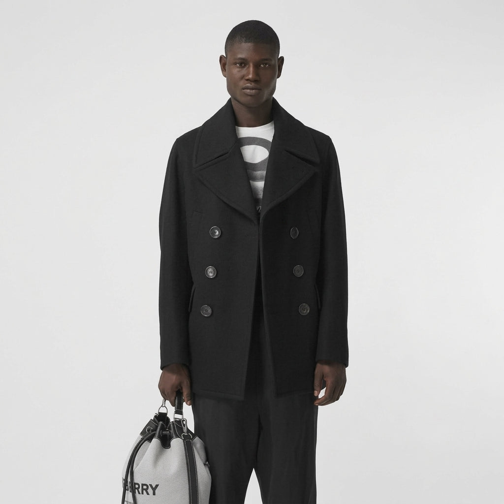Men’s Black Fleece Peacoat – Classic Double Breasted Winter Coat