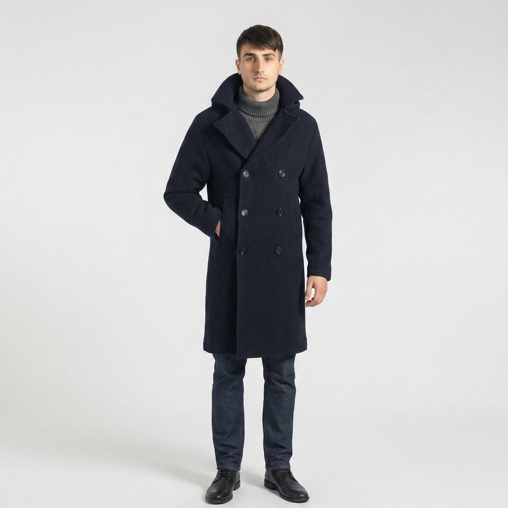 Men’s Dark Blue Fleece Peacoat – Classic Double Breasted Winter Coat